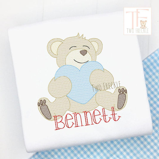 Boys embroidered personalized Valentine's Day Bear holding heart shirt.