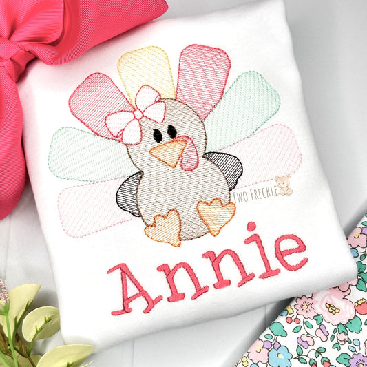 Cute Little Turkey Girl Thanksgiving Embroidered Shirt