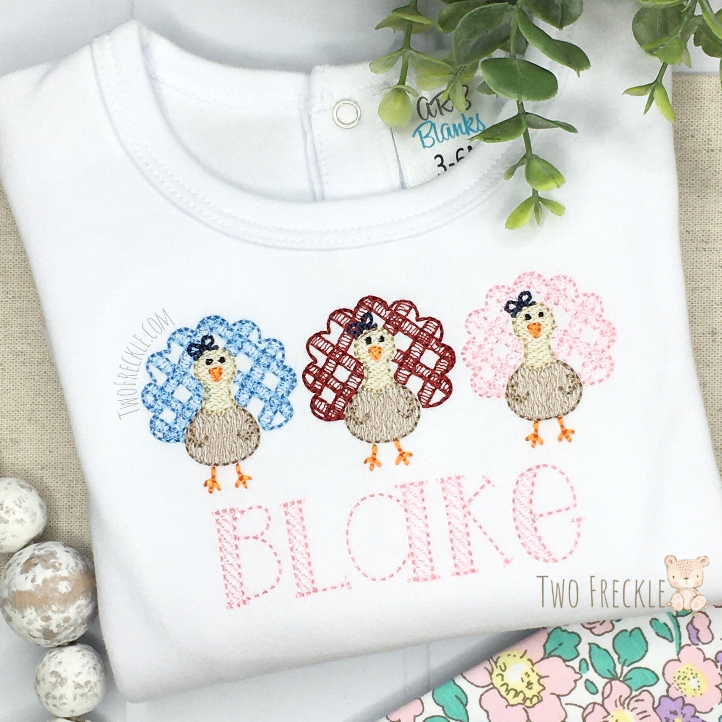 Girls Gingham Turkey Trio Embroidered Shirt