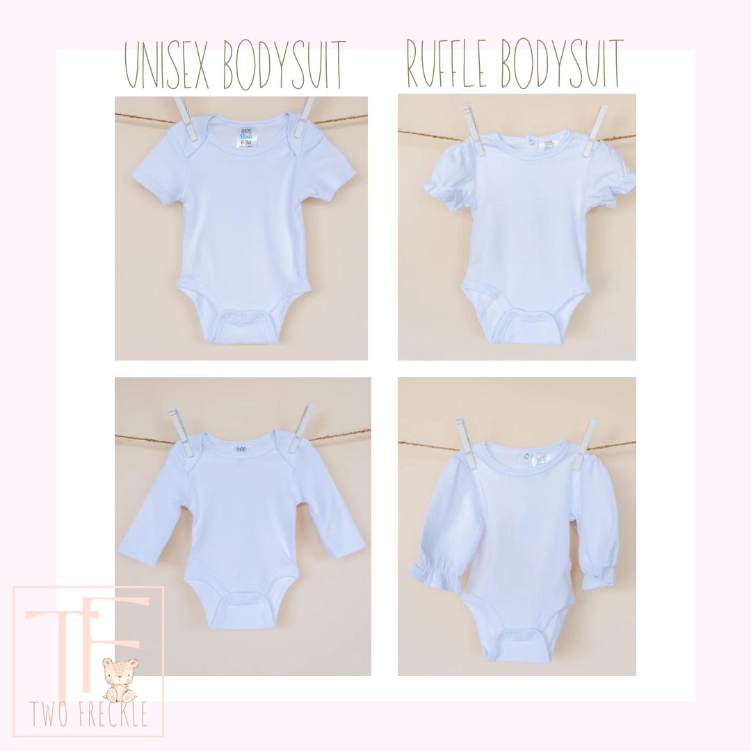 four pictures of a baby's bodysuit hanging on a clothes line