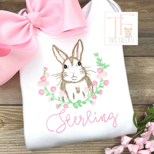 Girls Embroidered Easter Bunny in Floral Wreath Shirt