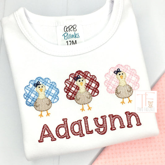 Girls Gingham Turkey Trio Embroidered Shirt
