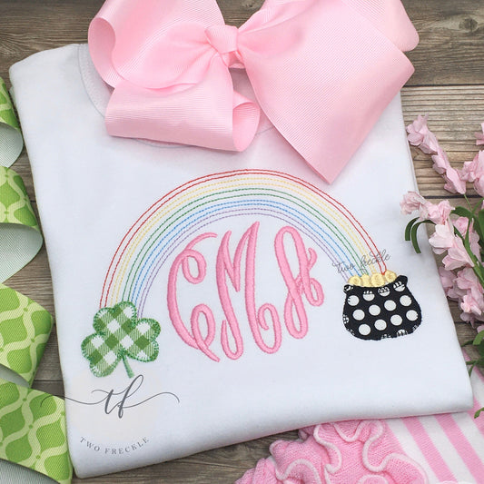 Girls St. Patrick's Day Shirt, Rainbow Applique, Shamrock Clover Embroidered Applique Personalized Girls Shirt, or Baby Bodysuit