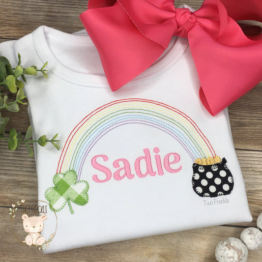 Girls St. Patrick's Day Shirt, Rainbow Applique, Shamrock Clover Embroidered Applique Personalized Girls Shirt, or Baby Bodysuit