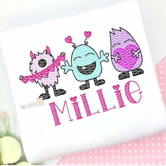 Valentine's Days Monsters Embroidered Shirt, Girls Valentine's Embroidered Applique Personalized Boys Shirt, Baby Bodysuit