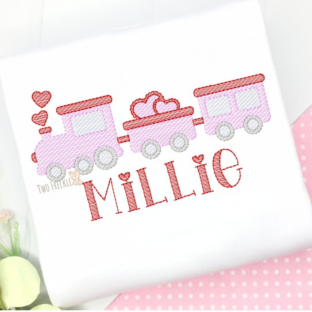 Girls Valentines Day Shirt, Train with Hearts, Embroidered Applique Personalized Shirt, Baby Bodysuit