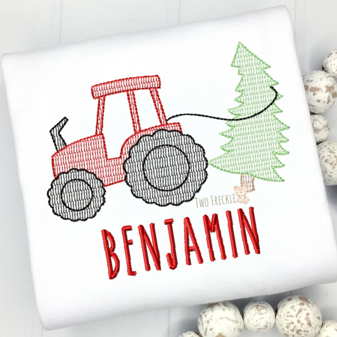 Tractor Pulling Christmas Tree Boys Embroidered Shirt