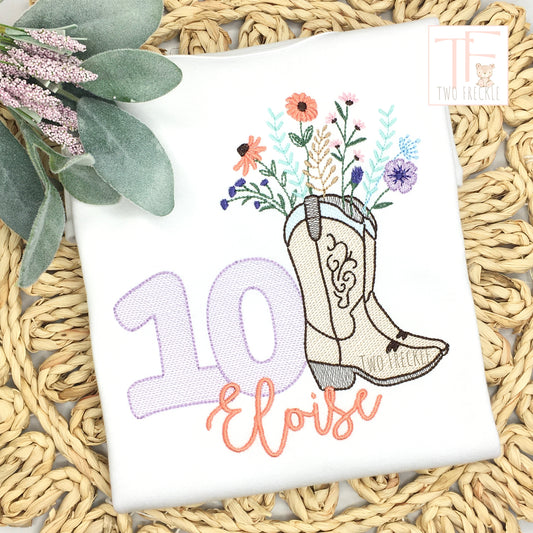 Cowgirl Boots with Flower Bouquet Embroidered Birthday Shirt