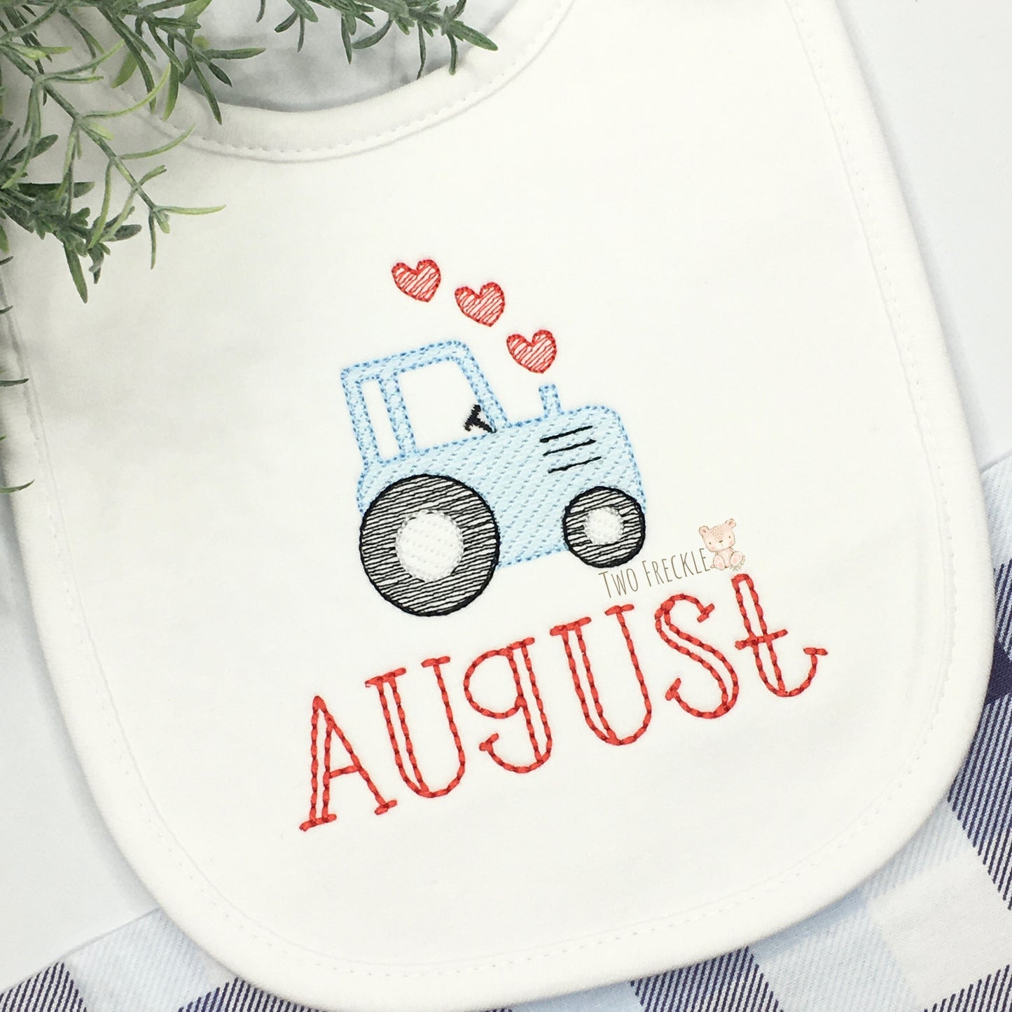 Tractor Valentines Day Bib, Baby Boy Farm Bib and Burp Cloth, Tractor Boys Embroidered Bib, Baby Shower Gift