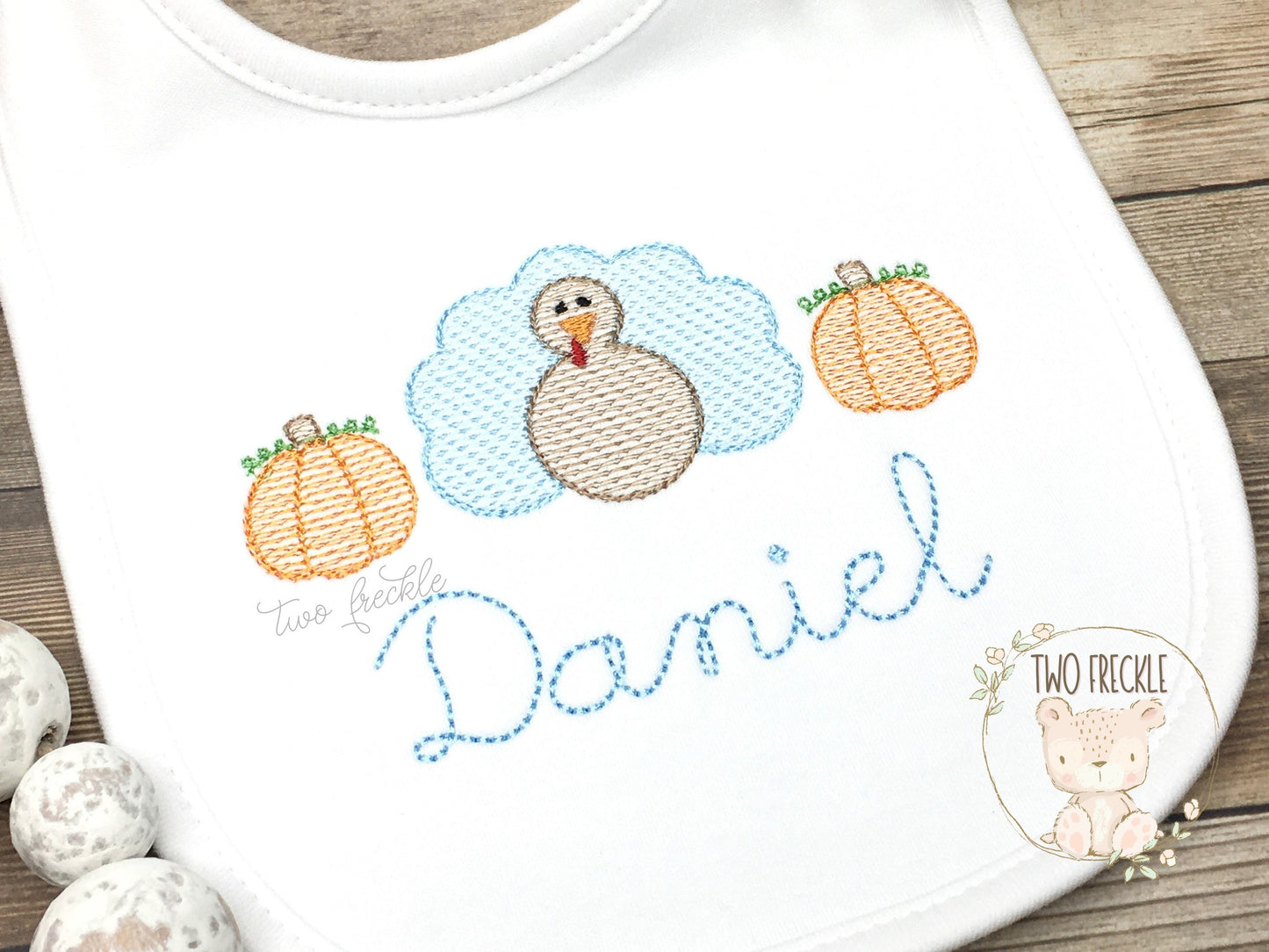 Blue Turkey with Pumpkins Baby Bib